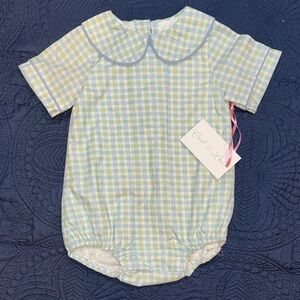 Light Blue and Green Plaid Baby Bubble with Peter Pan Collar.